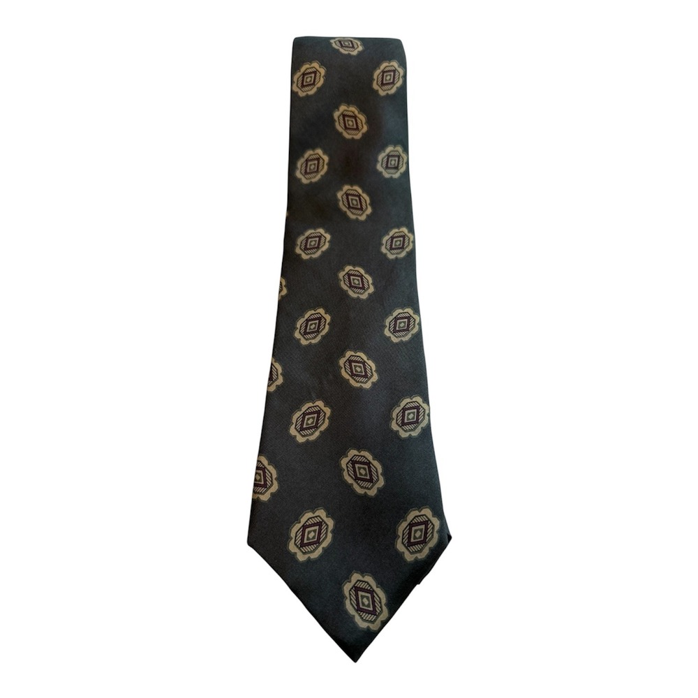 Ted Lapidus Mens Silk Tie Charcoal Grey Geometric Medallion Pattern Classic